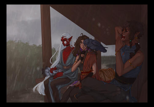 A Moment in Time - My OCs Azaroth (red skin) comforting Tamaaris in their lap, Erethea (brown hair with purple streaks), and Elias (yawning). Yai (red-eyed raven) is perched on Erethea's shoulder.