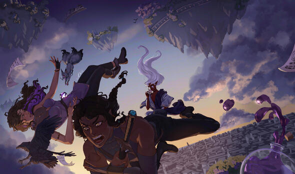 Skylands Adventures - My OCs Erethea (brown hair with purple streaks), Azaroth (red skin) and Elias (screaming), with Yai (red-eyed raven) and Tamaaris (fox-like creature), falling from the sky after Erethea stole something...